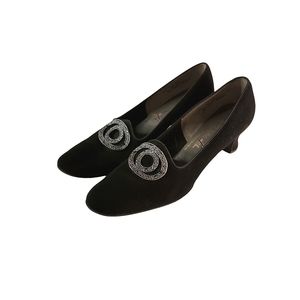 Vintage Serenades Mid-Century Suede Heels with Decorative Oval Silver Pendants